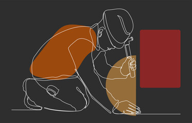 Continuous line drawing of industrial workforce with abstract shapes and dark background. construction, workplace safety posters, and skilled labor visuals