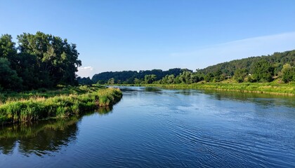 Tranquil River Flowing Gently Through Lush Green Valley Landscape