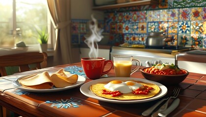 A warm, realistic morning scene with a traditional Mexican breakfast on a sunlit kitchen table. Includes huevos rancheros with salsa roja, pan dulce, refried beans, chilaquiles topped with crema 