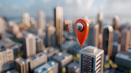 Panoramic view of a city skyline with a map pin marker