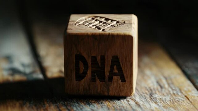 A wooden die featuring a DNA molecule carving, suitable for science or education-themed projects - Powered by Adobe
