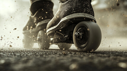 3D render of a close-up on roller skate wheels rolling over textured pavement, dust particles flying