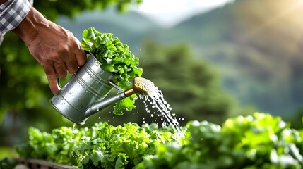 Hands watering fresh green vegetables in a garden