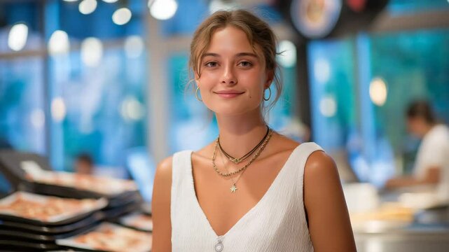 Young woman ordering pizza on mobile app in fast food line