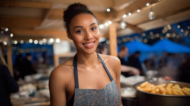Woman serving churros at a fair stall