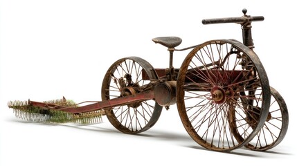 Fototapeta premium Antique Agricultural Implement Close-up of Rustic Horse-Drawn Rake on White Background