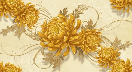 Elegant gold chrysanthemum flower vintage illustration background pattern design