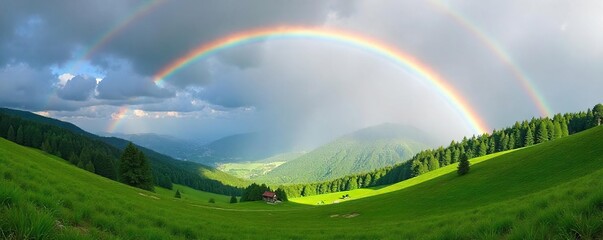 Obraz premium A majestic rainbow arc gracefully spans a sun-drenched sky above a tranquil, rolling landscape of vibrant green hills and lush forests, a breathtaking natural wonder , outdoor, forest