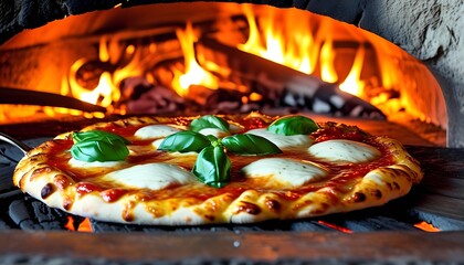 A realistic image of a traditional Italian pizzeria kitchen, where a chef slides a margherita pizza into a blazing wood-fired oven with a long peel. The pizza has a bubbly, charred crust and fresh 
