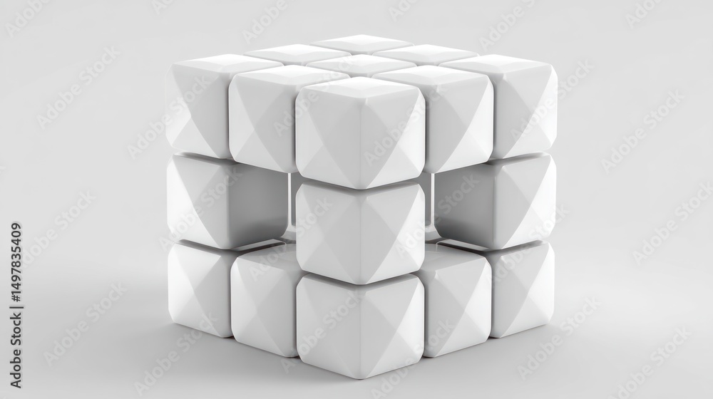 Poster abstract geometric design featuring a three-dimensional cube made of white pyramid shapes