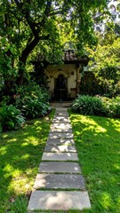 Tranquil Hidden Garden Pathway Leading to Peaceful Fountain Retreat