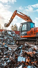 Excavator loading scrap metal at recycling center under partly cloudy sky