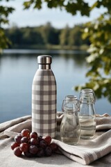 Obraz premium Stylish water bottle with checkered design next to glass contain