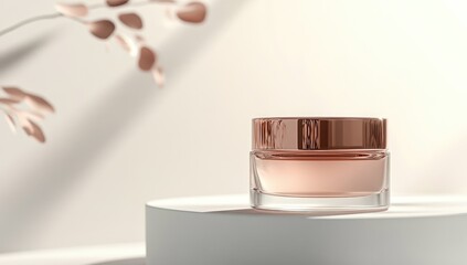 Rose gold cosmetic jar on a white pedestal