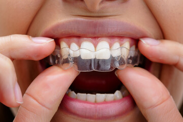 Woman inserting clear teeth aligner for straighter smile