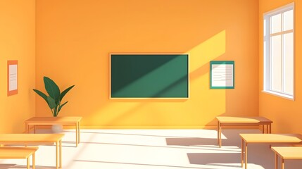 Bright minimalist classroom with chalkboard and wooden furniture