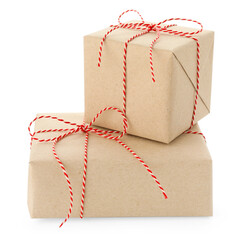 Two gift boxes wrapped in kraft paper isolated on white