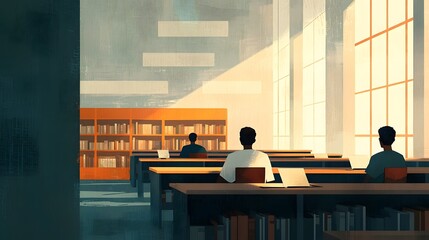 Students studying in a tranquil library setting
