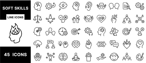 Soft Skills Line Icons Set – Communication, Leadership, Empathy, Mindfulness, Emotional Intelligence, Teamwork, and Personal Growth Symbols for HR and Coaching Design