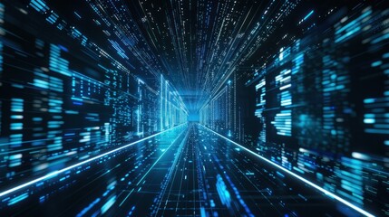 A futuristic, digital tunnel with glowing blue lights and data streams