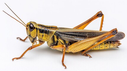 Fototapeta premium Close-up View of a Yellow and Brown Grasshopper on White Background, Capturing Nature's Intricacies and Detail