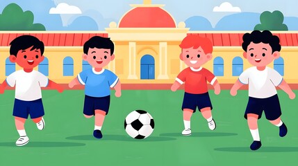 Children playing soccer outdoors on a sunny day