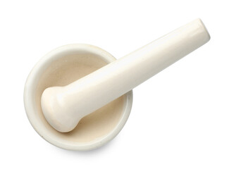 Ceramic mortar with pestle isolated on white, top view