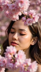 Naklejka premium Woman smiling softly beneath cherry blossom branches, side profile