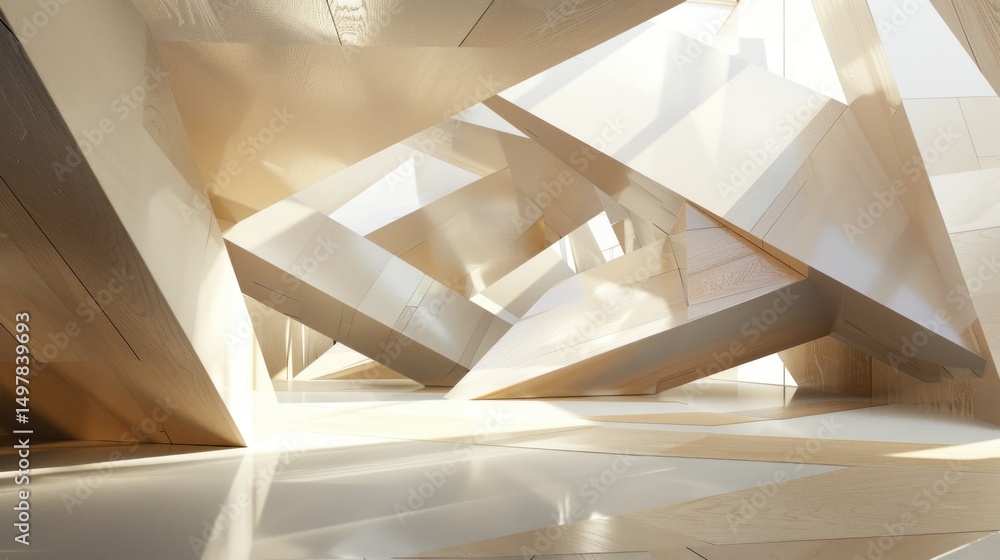 Poster a modern, abstract architectural structure with geometric shapes and a metallic finish, illuminated 