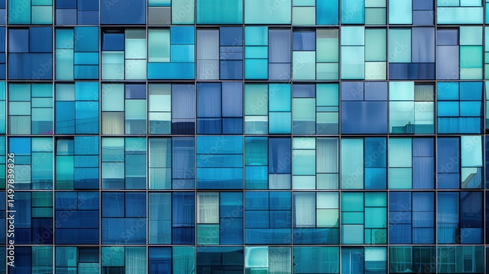 Poster a modern, glass building with a blue and green color scheme, featuring a grid of windows and a refle