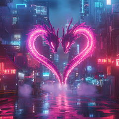 Flying glowing dragon surrounded by dream hearts high resolution picture