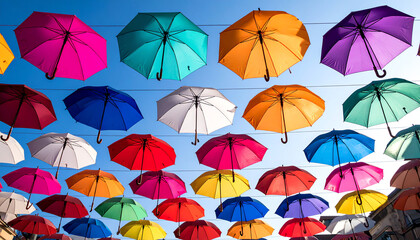 Colorful umbrellas hang above, creating a vibrant display against a clear blue sky, adding charm and whimsy to the outdoor scene