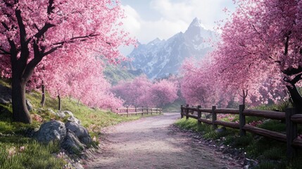 Obraz premium A beautiful path in a serene forest lined with stunning cherry blossom trees 