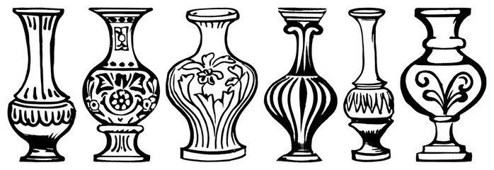 PNG Hand drawn individual vases pottery elegant black transparent background.