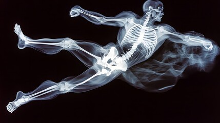 X-Ray of Martial Artist Kicking: An X-ray depiction of a martial artist mid-kick, revealing the intricate structure of bones and muscles in action. 
