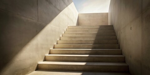 A concrete staircase ascending towards a bright light source, casting elongated shadows on the surrounding walls.