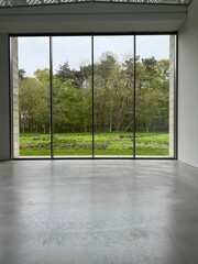 Fototapeta premium Empty room with panoramic windows and grey floor