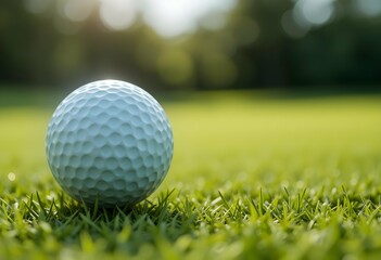 Obraz premium Golf ball resting on lush green grass of a golf course at sunrise, showcasing a vibrant outdoor scene.