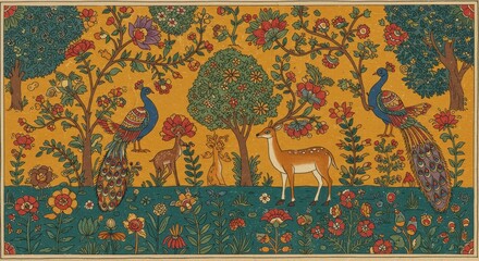Ornate folk art painting of peacocks and deer in a vibrant floral forest isolated PNG with Transparent Background © princes empire