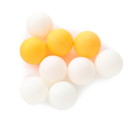 Many ping pong balls isolated on white, top view
