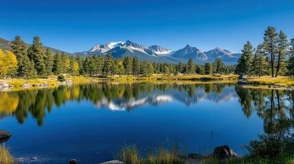 Fototapeta premium A tranquil lake reflects mountains, trees, and a clear blue sky.