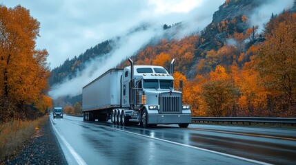 Autumn rain, mountain highway, semi-truck driving, fog in background. Use commercial transport