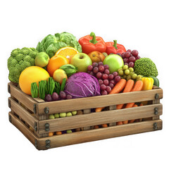 Wooden crate of fresh fruits and vegetables isolated on transparent background
