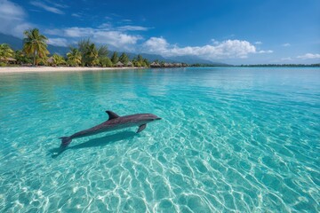 Serene tropical beach paradise with a dolphin gracefully swimming in crystal-clear turquoise water
