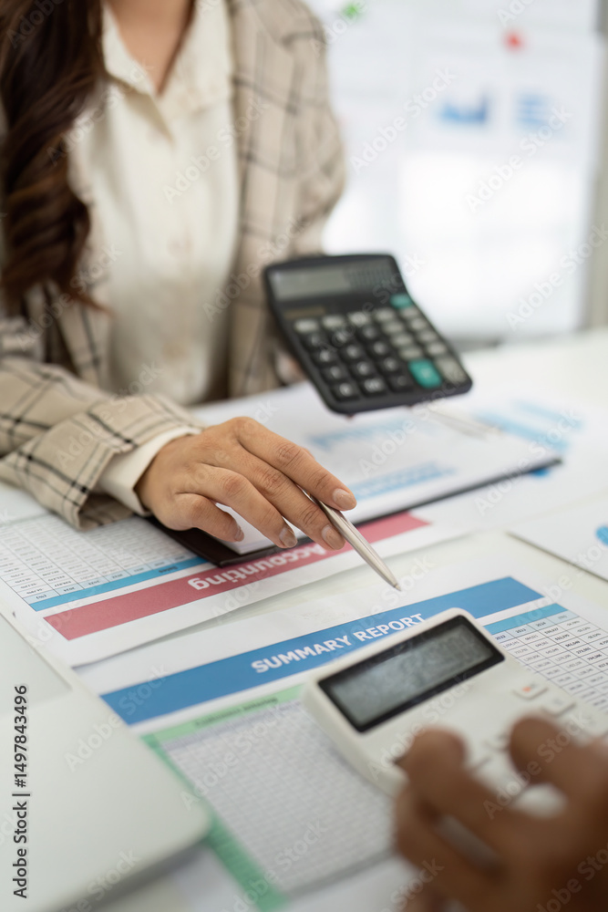 Poster engaging financial discussion. accountant presenting summary report and calculator to client.