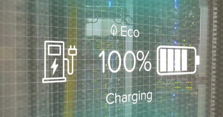 Upon charging icon activating, overlay visualizing battery % rising and falling behind server racks - Powered by Adobe