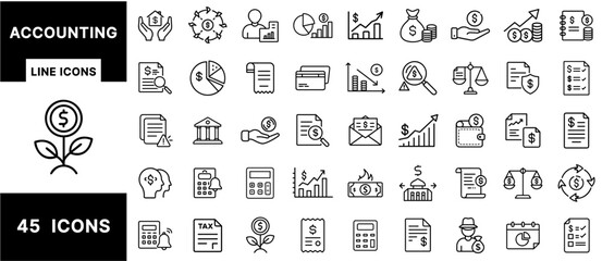 Accounting Line Icons Set – Financial Reports, Charts, Calculators, Taxes, Invoices, Receipts, Budgeting, Balance Sheets, and Cash Flow Symbols for Finance Design