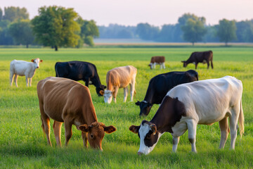 Regenerative Farm Landscape With Grazing Cows in a Serene Rural Setting During Golden Hour