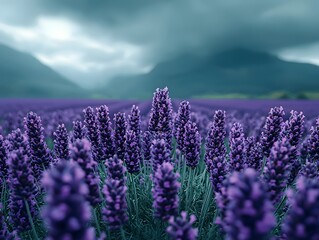 Obraz premium Lavender field under a dramatic stormy sky