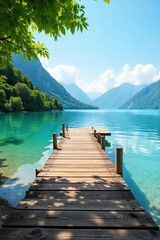 Fototapeta premium Tranquil scene of a wooden dock extending into calm waters, the shoreline lined with lush green vegetation Perfect for travel, nature, or serenity themes , jetty, vacation, peaceful
